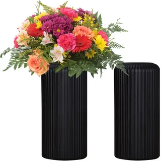 Fyfjur Vase Kunststoff, 2 Stück Blumenvase Schwarz, Vasen Modern Gestreift Langlebig für Wohnzimmer, Büro, Hochzeitsdekoration (20 X 10cm)