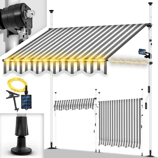 tillvex Klemmmarkise 200 cm Grau/Weiß mit Solar LED mit Handkurbel Balkon | Balkonmarkise ohne Bohren | Markise UV-beständig & höhenverstellbar | Sonnenschutz wasserdicht - Grau, Weiß