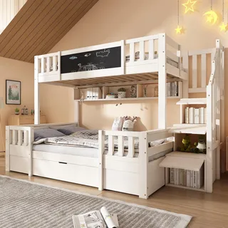 Etagenbett für 3 Kinder 90x200 & 140x200 cm ,mit Kreidetafel, Stauraum-Treppe, Schubladen und Leiterschrank,Hochbett/Stockbett Jugendbett,Weiß - Weiß