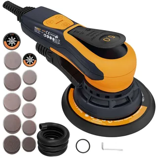 Bürstenlose MAXXT Elektroschleifer 350 W, Scheibe 150 & 125 mm, Exenterschleifmaschine 5.0 mit Dreikernanschluss, 4000-10000 U/min (6 einstellbare), Automatische Bremse-2s, 20 Schleifpapiere