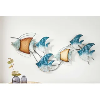 3D Wanddeko "Fischschwarm" aus Metall, 89x39 cm, maritim, Wandbild, Wandschmuck, Metalldeko - Blau