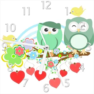 Wallario Design Wanduhr Bunte Eulen mit kleinen Vögeln auf dem Ast aus Echtglas, Größe 20 x 20 cm - Weiß