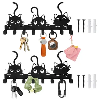 2 Stück Schlüsselbrett Modern Aus Metall, Hakenleiste mit Katzen Kunstmuster, Schlüsselhalter, Wandmontage Schlüsselboard, Schlüsselbrett Katze mit 8 Haken für Den Einsatz in Küche, Bad und Wohnzimmer
