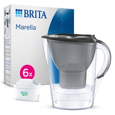 BRITA Wasserfilter Kanne Marella Graphit (2,4l) inkl. 6X MAXTRA PRO All-in-1 Kartusche (Halbjahrespaket) – Wasserfilter zur Reduzierung von Kalk, Chlor, Kupfer & geschmacksstörenden Stoffen im Wasser