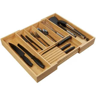 Orga-Box III BAMBUS Besteckeinsatz ausziehbar für Schubladenbreite 40-60 cm | für Nobilia Küchen ab August 2012 Holz-Besteckkasten mit 5 - 7 Fächer inkl. Messerblock