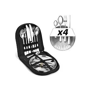[23-teiliges 4 Personen] Camping Geschirr Set – Besteckset mit Edelstahl Gabeln, Messer und Löffel – Tragbares Besteck für Outdoor, Picknick und Grillen. (Enthält 4 Teelöffel) (Standardversion)