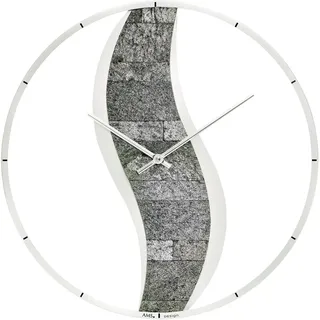 AMS 9646 Wanduhr Quarz analog rund Holzrückwand mit Stein-Auflage modern - Silber