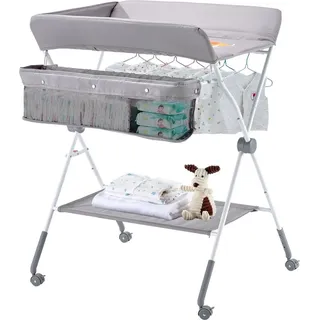 Foldable Baby Changing Diaper Station with Side Basket & Wheels Light Gray