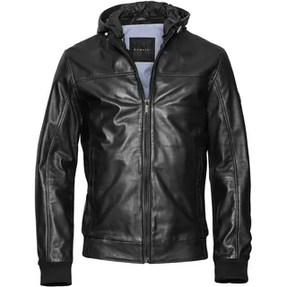 Lederjacke BUGATTI "BUVITO", Herren, Gr. 54, schwarz, Obermaterial: 100% Lammleder LEL., uni, regular fit, V-Ausschnitt, Jacken Lederjacke, aus hochwertigem, robustem Echtleder, mit Kapuze