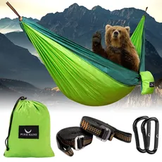 PURE HANG Premium Camping Hängematte Outdoor 2 Personen aus Nylon Fallschirmseide für Reise, Travel, Garten mit Befestigung Aufhänge Set | 300kg Belastung (Naturgrün)
