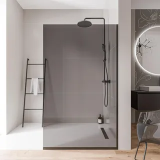 Bernstein Walk-In Dusche EX102 - Duschabtrennung 100 x 200 cm, 10 mm Graues ESG-Sicherheitsglas, Nano-Beschichtung, Schwarz Edelstahlprofile, Glaswand, Glastrennwand, Ebenerdige Dusche mit Bodenprofil