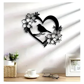 Wanddekoration Metall Herz mit Vogel auf Ast, Wandbild Vögel Schwarz, Modernes Metallbild für Wohnzimmer Garten Balkon Außenbereich, 30x25cm - Schwarz