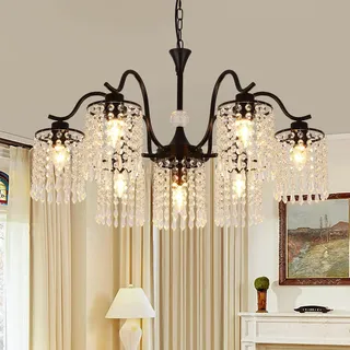 Ganeed Modern Kristall Kronleuchter Matt Metall Vintage Französisch Landhaus Stil Lampe Hängend Hoch Verstellbar Deckenleuchte mit Pendel Wassertropfen Lampenschirm Schwarz 7 Licht