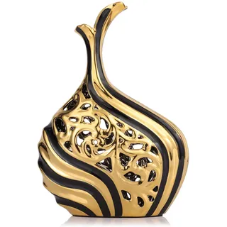 Schwarz Gold Bodenvase 38cm Hoch, Keramik Große Deko Vasen Durchbrochen Kreative Vase Für Pampasgras & Trockenblumen, 38cm Hohe Standvase für Home Office Hochzeit Weihnachten Einweihungsparty Dekor