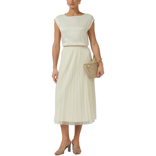 Midirock S.OLIVER BLACK LABEL, Damen, Gr. 40, beige (grau beige), Web, Obermaterial: 100% Polyester, unifarben, normal 3/4-Länge, Röcke Midirock, mit Falten und Gummibund, Topseller