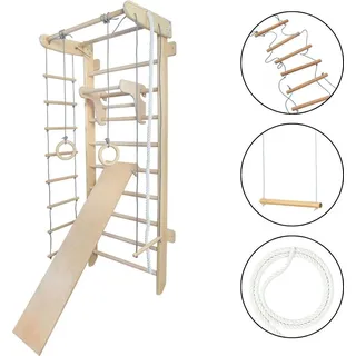 Spielplatz indoor Sprossenwand holz "Numi Plus" + Turnringe + Rutsche | Klettergerüst Kinderzimmer - Naturbelassen