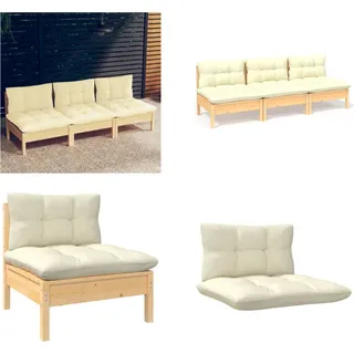 vidaXL 3 Sitzer Gartensofa mit Creme Kissen Massivholz Kiefer - 3-Sitzer-Gartensofa - 3-Sitzer-Gartensofas - Gartensofa - Gartensofas - Creme