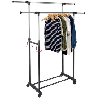 Philips Lighting BAKAJI Platzsparender Kleiderständer aus Stahl mit Rädern, Teleskopstangen, verstellbar in Höhe und Breite (Doppel)