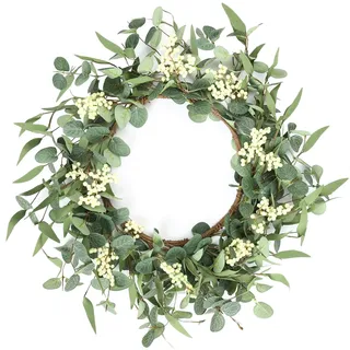 Eukalyptus-Kranz für die Haustür, 50 cm Frühling Sommer Kränze mit weißen Beeren Künstliche Türkranz für Fenster Hochzeit Bauernhof Patio Garten Party Dekor.