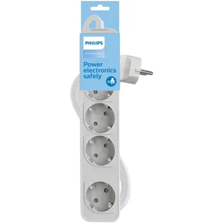 Philips CHP2144W Steckdosenleiste mit 4 Steckdosen, Versorgungsverriegelung, 1,440 W, geflochtenes Netzkabel, 1,5 m, hohe Widerstandsfähigkeit, Sicherheitsverschluss (LED-Anzeige) - Weiß