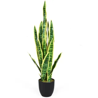 Costway Kunstpflanze Sansevieria, Künstliche Schlangenpflanze 90 cm, Zimmerpflanze mit stabilem Topf & 20 Blättern, Pflanze für den Heimgarten Bürodekoration, Hellgrün