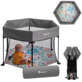 LIONELO Roel Laufstall Baby bis zu 15 kg, Großformat 118 x 118 x 83 cm, sechseckige Form, LockGuard Faltschloss, verstärkte Basis, rutschfeste Fußkappen, Schutztasche (Grau)