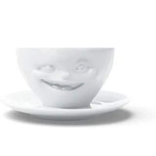 FIFTYEIGHT PRODUCTS / Kaffeetasse mit Unterteiler „Zwinkernd“ (Porzellan, 200 ml, weiß, Made in Germany)