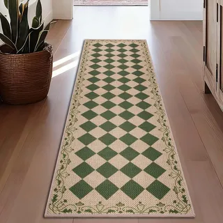 Cekene Teppich Läufer Flur Grün 80X200cm Boho Küchenteppich Waschbarer rutschfest Jute Flur Teppich Teppichläufer für Eingang Küche Korridor Schlafzimmer