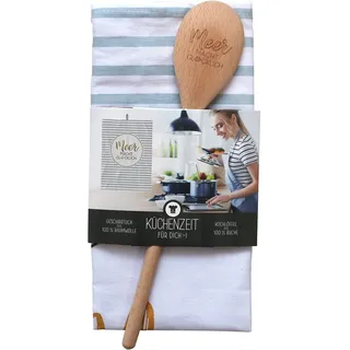 Dekohelden24 (15!!!) Geschenkset - Geschirrtuch aus 100% Baumwolle und Kochlöffel aus Buchenholz mit Spruch -, Motiv: Meer Macht Glücklich.