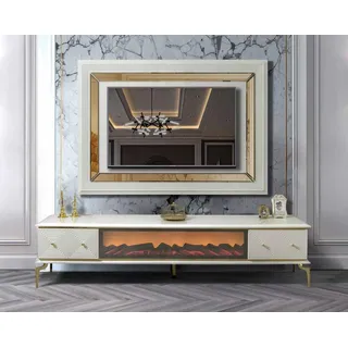 sideboard Schrank rtv mit Kamin Wohnwand Set TV Panel Edelstahl Luxus Möbel - Weiß