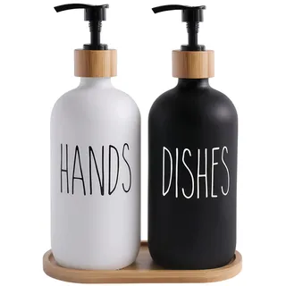 Glas Seifenspender Set, BIKALAN 475ml Seifenspender Schwarz-Weiß Badezimmer Set mit Tablett, Shampoo Lotion Handseifenspender für Küche Arbeitsplatte