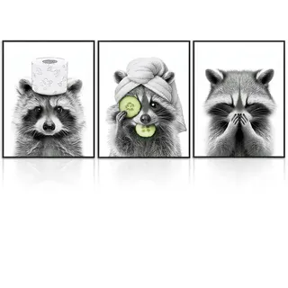 Dazzlewall 3er Set Lustige Waschbär Badezimmer Wandbilder, Schwarz Weiß Waschbär Leinwand Bilder für Badezimmer Toilette Waschraum Deko 30×40 cm Ungerahmt