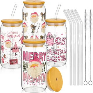 Fiada 4 Sets Weihnachts Glasbecher mit Deckel und Strohhalm Trinkgläser Cocktailgläser Matcha Gläser Dosenform Becher Geburtstag Geschenk für Frauen Freundin Lehrerin Kollegin Mitarbeiter(Weihnachten)