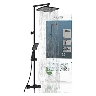 Schütte TRENTO 60170 Duschsystem mit Thermostat, Duschset mit großer Regendusche (32x20 cm) und verstellbarer Handbrause, Brauseset mit Duschstange, Duschsäule Duschpaneel, Schwarz