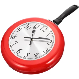 Alipis Dekorative Wanduhr im Bratpfannen Design, 10 Zoll, Edelstahl, Leise | Batteriebetrieben mit 1 Aa Zelle, nicht Tickende Zeiger, für Zuhause, Rot