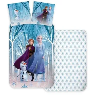 Bettwäsche Eiskönigin Wald, 100 % Baumwolle, wendbarer Bettbezug 140 x 200 cm + Kissenbezug 65 x 65 cm, Frozen, mit Elsa, Anna und Olaf