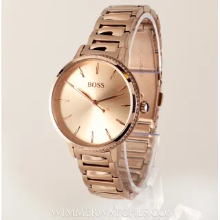 Boss Damenuhr 1502540, Signature, Steinbesetzte Lünette, Rosegold, 34 mm