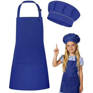 DiULi Kochschürze Kinder, Kinder Schürze und Kochmütze Set, Verstellbare Backschürze mit Taschen für Jungen Mädchen, Kinderschürzen für Kochen Backen Malen Basteln Party, S/L