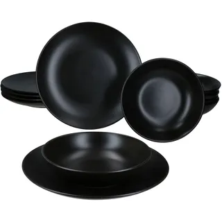 MamboCat Panther 12tlg Tafelservice schwarz I mattes Steingut-Geschirr für 6 Personen I 6x Suppenteller 420ml & 6x Speiseteller I Essteller & tiefe Teller für Frühstück, Mittag & Abendbrot