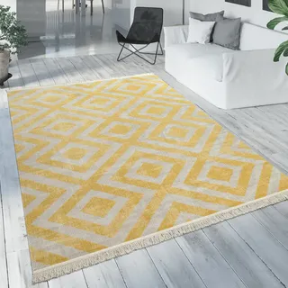 Moderner Outdoor Teppich Rauten-Muster Vintage-Look Flachgewebe Wetterfest Grösse 60x100 cm - Gelb