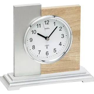AMS 5151 Tischuhr Funk silbern modern Holz Sonoma Optik mit Aluminium Auflage - Weiß
