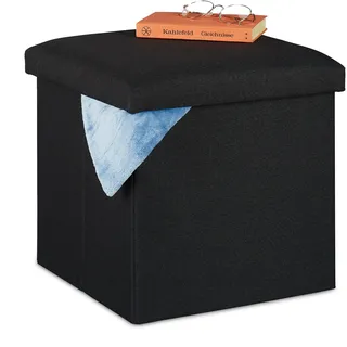 Relaxdays Sitzhocker mit Stauraum, faltbar, weich gepolstert, eckig, Stoff, Sitzwürfel, HBT 37 x 37,5 x 37,5 cm, schwarz, 1 Stück