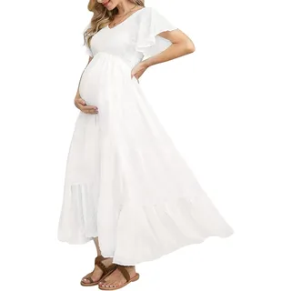 guruixu Damen Schwangerschaftsmaxikleid, Weiß, Größe L, V-Ausschnitt, Rüschenärmel, Hochtaillen-Schnitt, Einfarbig, Boho-Stil, Gesmoktes, Atmungsaktives Chiffon, Ideal für Babypartys & Fotoshootings