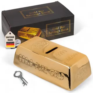 MIJOMA Spardose mit Schloss – Goldbarren Design, Keramik, inkl. Schlüssel, ca. 16,5x8,5x5 cm – Edle glänzend goldene Geldgeschenkidee für Sparfüchse