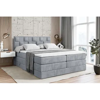 altdecor Boxspringbett mit 2 Matratzen und Topper - 180x200 cm - ZAFIRA-BZ KING - Grau Samt - Polsterbett mit, H3- und H4- Matratzen, Bettkasten und Lattenrost, Bett mit Stauraum - Grau