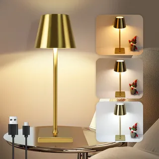 ZMH Tischlampe LED Kabellos Akku Tischleuchte USB Touch Dimmbar Nachttischlampe 3 Farbtemperatur Gold Vintage Tischlampen für Schlafzimmer Nachttisch Wohnzimmer Restaurant - Gold
