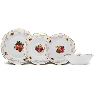 Karaca Antique - 24-teilig Geschirrset für 6 Personen, Porzellan Geschirr Set mit Servierteller, Dessertteller, Essteller, Suppenteller, Tafelservice Teller Set - Weiß & Blumen