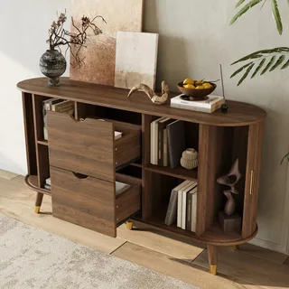 MODFU Sideboard,Aufbewahrungsschrank mit 2 Schubladen,Abgerundetes Design,Kommode mit zwei Schiebetüren,Nussbaum - Braun