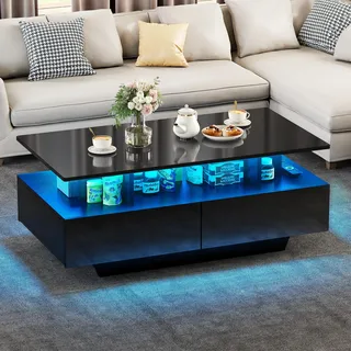 YITAHOME Couchtisch Schwarz, Wohnzimmertisch Hochglanz mit 16-Farbiger LED Beleuchtung Modern, Beistelltisch Schwarz mit Offenem Ausstellungsregal und 4 Ausziehbaren Schubladen 90x55x41,1 cm