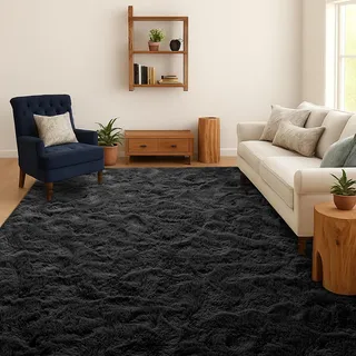 SOANNY Teppich Wohnzimmer, Waschbar Anti-Rutsch, 90x150 cm, Schwarz | Hochflor, Langflor, Flauschig, Weich, Einfarbig, Pflegeleicht, Für Wohnzimmer Schlafzimmer Kinderzimmer Büro Bettumrandung